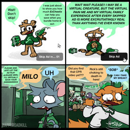 4_panel_comic accessory asphyxiation bodily_fluids brown_body brown_fur brown_hair brown_skin choking clothing collared_shirt color_coded color_coded_speech_bubble dialogue eyewear eyewear_only fangs female fur glasses glasses_only grey_body grey_fur group hair half-closed_eyes humor jewelry khaki_pants male narrowed_eyes necklace necktie nude orange_body orange_fur polo_shirt purple_body purple_scales scales shirt speech_bubble sweater tears teary_eyes teeth text topwear turtleneck wearing_glasses white_body white_fur happyroadkill milo_mouse common_hippopotamus cougar domestic_cat felid feline felis herpestid hippopotamid mammal meerkat mouse murid murine reptile rodent scalie snake 2026 english_text hi_res