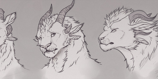 anthro fur group horn inner_ear_fluff looking_aside looking_at_viewer multi_ear smile snaggle_tooth trio tuft tenynn guild_wars charr felid mammal 2017