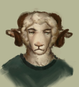 anthro clothed clothing ears_back fur green_clothing green_eyes green_shirt green_topwear horn looking_at_viewer male pivoted_ears shirt solo topwear wool_(fur) reynard_goodfellow reynard_the_baa bovid caprine mammal sheep bust_portrait hi_res portrait