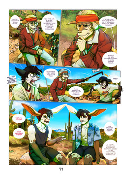 age_difference aloha_shirt anthro bottomwear cactus cane clothed clothing dialogue elderly emanata fur group hair long_ears male markings mature_anthro muscular muscular_male older_male open_mouth outside pattern_clothing pattern_shirt pattern_topwear plant shirt speech_bubble striped_markings striped_tail stripes tail tail_markings text topwear chat_noir_(artist) adrian_donovan letho_donovan shaun_robbins bassariscus lagomorph leporid mammal procyonid rabbit ring-tailed_cat comic digital_media_(artwork) english_text hi_res brother_(lore) brothers_(lore) sibling_(lore) twins_(lore)