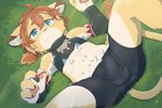 anthro balls_outline blue_eyes bottomwear bulge claws clothing detailed_bulge fur genital_outline hair looking_at_viewer lying_on_grass male penis_outline shorts shota solo tail tan_body tan_fur topwear young young_anthro young_male betsuto cygames world_flipper teo_(world_flipper) felid lion mammal pantherine 2022 hi_res