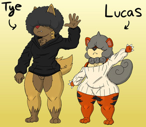 3_toes 5_fingers afro anthro biped black_clothing black_hair black_hoodie black_nose black_topwear bottomless bottomless_anthro bottomless_male brown_body brown_fur chest_tuft clothed clothing crotch_tuft duo fangs feet fingers fur fur_tuft grey_body grey_fur grey_hair grey_tail hair hair_over_eyes hoodie hoodie_only male mouth_closed multicolored_body multicolored_fur orange_body orange_fur red_nose snaggle_tooth standing sweater tail tan_body tan_fur teeth toes topwear topwear_only tuft white_clothing white_sweater white_topwear wide_hips hyenakenisis nintendo pokemon lucas_(hyenakenisis) ty_kenisis generation_3_pokemon generation_8_pokemon hisuian_form hisuian_growlithe pokemon_(species) poochyena regional_form_(pokemon) hi_res