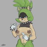 anthro areola big_breasts big_nipples breasts brown_areola brown_nipples collar ear_piercing ear_ring female genitals gesture green_body navel navel_piercing nipples piercing pubes pussy ring_piercing smile solo spiked_collar spiked_hair_accessory spiked_hair_tie spikes teeth jumbogumbo idw_publishing sega sonic_the_hedgehog_(comics) sonic_the_hedgehog_(idw) sonic_the_hedgehog_(series) surge_the_tenrec afrosoricid mammal tenrec 1:1 hi_res