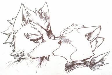 anthro clothing duo eye_patch eyes_closed eyewear fur hair kerchief kissing looking_at_viewer male male/male neckerchief neckwear lilith_(artist) nintendo star_fox fox_mccloud wolf_o'donnell canid canine canis fox mammal wolf 2015