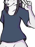 anthro bottomless clothed clothing female fur gesture grey_body grey_fur hand_gesture simple_background solo v_sign stic1 canid canine canis mammal wolf
