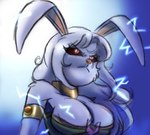 anthro armband backlighting breasts cleavage clothed clothing collar female fur light parody red_sclera solo white_body white_fur mtapartstuff citrine lagomorph leporid mammal rabbit bust_portrait digital_media_(artwork) hi_res lighting portrait