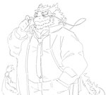 anthro eyebrows hand_in_pocket horn male necktie overweight pockets solo standing tail thick_eyebrows whiskers okoge_16 lifewonders mythology tokyo_afterschool_summoners qinglong_(tas) dragon mythological_creature mythological_scalie scalie 2024 hi_res monochrome sketch