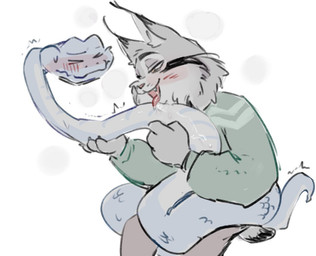 anthro blue_body blue_scales blush bodily_fluids clothing duo feral fur grey_body grey_fur interspecies licking male saliva scales sweater tongue topwear purrnasty disney zootopia gary_de'snake pawbert_lynxley canada_lynx felid feline lynx mammal pit_viper reptile scalie snake viper