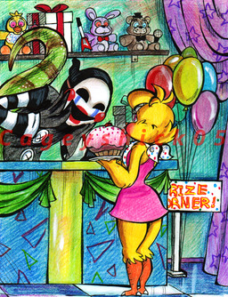 alternate_species anthro anthrofied balloon beak blush box clothed clothing container cupcake curtains dress duo electric_guitar electronics feathers female food furrification gift gloves guitar handwear inflatable male mask microphone musical_instrument open_mouth plucked_string_instrument plushie ribbons simple_background smile standing string_instrument text toy cageyshick05_(artist) five_nights_at_freddy's five_nights_at_freddy's_2 scottgames chic_chic_(cageyshick05) marionette_(fnaf) toy_chica_(fnaf) avian bird chicken galliform lizard phasianid reptile scalie 2015 colored dialogue_in_description english_description english_text shaded traditional_media_(artwork)
