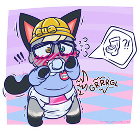3_fingers 3_toes ambiguous_gender anthro black_body black_ears black_fur black_tail blonde_hair blue_clothing blue_pacifier blue_shirt blue_topwear blush blush_lines border clean_diaper clothing diaper exclamation_point eyewear feet fingers fur geometric_background glasses grey_body grey_fur hair hand_on_face hat headgear headwear heterochromia leg_markings markings name_tag object_in_mouth open_mouth pacifier pacifier_in_mouth panicking pink_inner_ear question_mark rumbling_stomach shirt simple_background socks_(marking) solo sound_effects speech_bubble sweatdrop_(iconography) tail teeth text toes toilet topwear twitter_handle vowelless vowelless_sound_effect wearing_glasses white_border white_diaper yellow_clothing yellow_hat yellow_headwear ludis-luteo animal_crossing nintendo raymond_(animal_crossing) domestic_cat felid feline felis mammal 2020 absurd_res artist_name hi_res japanese_text signature url