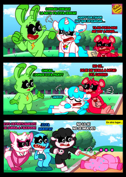 anthro blue_body female green_body group pink_body red_body text tired white_body rocketlennon mob_entertainment nightmare_critters poppy_playtime smiling_critters baba_chops_(poppy_playtime) bobby_bearhug craftycorn hoppy_hopscotch maggie_mako_(poppy_playtime) pickypiggy rabie_baby_(poppy_playtime) absurd_res comic hi_res spanish_text