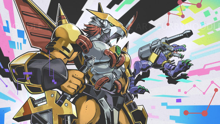 3_toes 5_fingers armor biped cannon claws duo feet fingers green_claws green_eyes holding_melee_weapon holding_object holding_sword holding_weapon humanoid_hands melee_weapon open_mouth quadruped ranged_weapon red_eyes sword toes weapon yeoyeeheng bandai_namco digimon digimon_(species) victorygreymon zeedgarurumon 16:9 2021 absurd_res colored hi_res signature widescreen