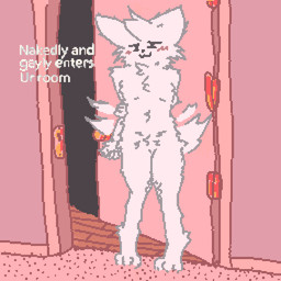 :3 anthro biped blush cheek_tuft chest_tuft digitigrade facial_tuft feet femboy fluffy fluffy_tail foot_tuft fur hand_behind_back heel_tuft hip_tuft holding_arm knock-kneed legs_together looking_at_viewer male monotone_body neck_tuft nude paws pink_background simple_background smile solo tail tail_motion tailwag text toes tuft white_body white_fur catchy_tune boy_kisser_(meme) silly_cat_(mauzymice) domestic_cat felid feline felis mammal 1:1 2026 digital_drawing_(artwork) digital_media_(artwork) english_text meme pixel_(artwork)