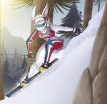 anthro blonde_hair breasts clothed clothing evergreen_tree female fur hair norway outside pine_tree plant skiing snow solo tree white_body white_fur fuf olympics lagomorph leporid mammal rabbit hi_res