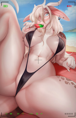 5_fingers anthro beach biped blue_eyes breasts camel_toe claws clothed clothed_anthro clothed_female clothing cloud day female finger_claws fingers food front_view hair handpaw horn looking_at_viewer navel outside paws popsicle sand sea sky solo spread_legs spreading tail teeth water veliren_rey mythology dragon mythological_creature mythological_scalie scalie 2025 digital_drawing_(artwork) digital_media_(artwork) hi_res
