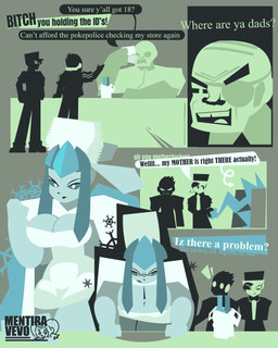 alcohol anthro beverage big_breasts breasts dialogue eye_patch eyewear female group humor larger_female male profanity size_difference snow speech_bubble text mentiravevo nintendo pokemon eeveelution generation_4_pokemon glaceon human mammal pokemon_(species) 4:5 comic digital_drawing_(artwork) digital_media_(artwork) english_text hi_res