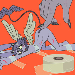ambiguous_gender ass_up bdsm blood blush bodily_fluids body_blush bondage bound butt butt_blush butt_slap claws cut_(wound) dominant duo extreme_size_difference faceless_character feathered_wings feathers grey_body grey_hair hair helpless horn larger_ambiguous larger_dom looking_back lying male male/ambiguous micro nails nervous nude offscreen_character on_front open_mouth poking poking_butt red_background restrained restrained_arms restrained_legs restraints scar short_hair simple_background size_difference skinny slap small_horn smaller_male solo_focus spanking tail tail_wings tape tape_bondage unusual_anatomy unusual_tail unusual_wing_placement vein veiny_hands wings brain_d0g humanoid unknown_species 1:1