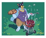 anthro barefoot belly border bottomwear bread burger burger_bun clothed clothing cooking eyebrows feet food fur grass grill grilling holding_object hot_dog hot_dog_bun male meat outside overweight overweight_anthro overweight_male partially_clothed pawpads plant plate shadow shirt shorts solo spatula standing steam tank_top teeth tongue tools topwear tuft white_border chubyeen bluey_(series) bandit_heeler australian_cattle_dog canid canine canis cattledog domestic_dog herding_dog mammal pastoral_dog 2023 6:5 hi_res signature