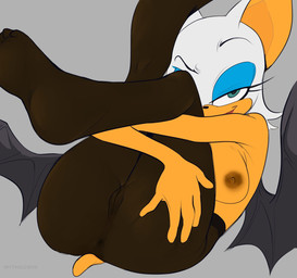 anthro anus areola bat_wings black_nose blue_eyeshadow breasts brown_areola brown_nipples clothing eyelashes eyeshadow feet female front_view fur genitals green_eyes grey_background grey_wings legs_up legwear legwear_only looking_at_viewer lying makeup membrane_(anatomy) membranous_wings nipples on_back orange_body orange_fur pantyhose pantyhose_only simple_background smile solo thick_thighs vulva white_body white_fur wide_hips wings mythiilewdii sega sonic_the_hedgehog_(series) rouge_the_bat bat mammal hi_res