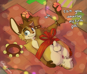 4_toes animal_genitalia anklet anthro anus balls bell bound brown_body butt christmas_decorations dialogue feet foreskin fur genitals gift holidays jewelry legs_up looking_at_viewer lying male male_anthro nude on_back pawpads paws penis pink_anus presenting presenting_anus small_balls small_penis smile solo tail text toes unretracted_foreskin young conditional_dnp cuteconfy christmas lagomorph leporid mammal rabbit hi_res