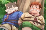 anthro arms_tied blush bound duo eyebrows fur gag gagged grey_body grey_fur hair male overweight red_hair rope scar scout_uniform thick_eyebrows mioki lifewonders tokyo_afterschool_summoners moritaka_(tas) ryouta_yakushimaru canid canine canis domestic_dog human mammal