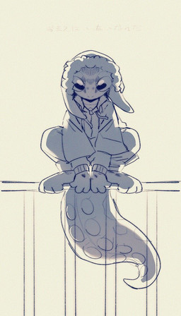 anthro bottomwear clothed clothing crouching front_view glistening glistening_eyes hat headgear headwear looking_at_viewer male markings simple_background solo spots spotted_markings spotted_tail tail tail_markings topwear unsigned asnnonaka scalie 4:7 full-length_portrait monochrome portrait sketch