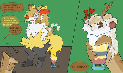 beverage dialogue duo food food_transformation holding_milkshake inanimate_transformation milkshake offscreen_character simple_background speech_bubble transformation wojtekgoosly nintendo pokemon braixen generation_6_pokemon pokemon_(species) digital_media_(artwork) hi_res