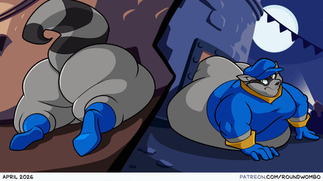 anthro belly big_belly big_butt big_moobs black_nose brown_eyes butt clothing detailed_background fur grey_body grey_fur hat headgear headwear huge_belly huge_butt huge_moobs male markings moobs moon morbidly_obese morbidly_obese_anthro morbidly_obese_male night obese obese_anthro obese_male overweight overweight_anthro overweight_male ring_(marking) ringed_tail sneaking solo striped_markings striped_tail stripes stuck tail tail_markings through_wall roundwombo sly_cooper_(series) sony_corporation sony_interactive_entertainment sucker_punch_productions sly_cooper mammal procyonid raccoon 2026 animated signature