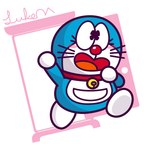 2024 anthro anywhere_door bell bell_collar blue_body blush blush_stickers cel_shading collar domestic_cat door doraemon doraemon_(character) eyelashes felid feline felis jumping lu9 machine male mammal no_ears open_mouth red_nose robot shaded signature smile solo whiskers