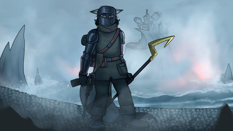alternate_universe anthro armor beach black_hair bodily_fluids brown_eyes cane crying female fog gun hair headgear helmet island outside ranged_weapon sea solo standing tears water weapon jato_(artist) sly_cooper_(series) sony_corporation sony_interactive_entertainment sucker_punch_productions sly_cooper sylax_(koopa990) mammal procyonid raccoon 16:9 hi_res widescreen