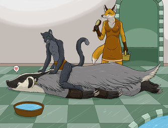 ambiguous_gender anthro bottomwear breasts brush claws clothed clothing ear_piercing ear_ring eyes_closed female feral fur green_eyes grey_body grey_fur group inside loincloth loincloth_only looking_pleasured lying male massage on_front on_top piercing ring_piercing rubbing short_tail snout tail tongue tongue_out topless trio whiskers yellow_body yellow_eyes yellow_fur strega bartleby_(strega) badger felid mammal mustelid musteline hi_res