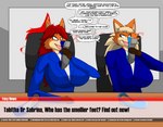 anthro big_breasts breasts canid canine clothing delightultrasonic duo english_text female footwear footwear_worship fox hi_res mammal sabrina_berezin shoe_sniffing shoes sniffing suit tabitha_wolfred text worship