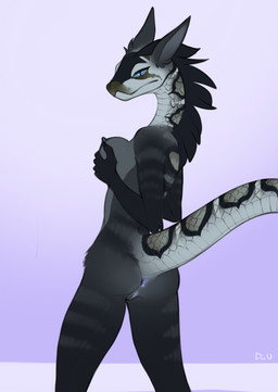 anthro anus black_body black_fur black_mane black_scales blue_anus blue_eyes blue_vulva breasts brown_body brown_scales butt countershade_neck countershade_tail countershade_torso countershading female fur fur_and_scales genitals grey_body grey_scales holding_breast mane markings scales solo striped_markings stripes tail ventral_scales vulva discreet_user fallout microsoft azule_(genericdef) canid canine canis coyote hybrid mammal night_stalker_(fallout) pit_viper rattlesnake reptile scalie snake viper 2022 absurd_res hi_res