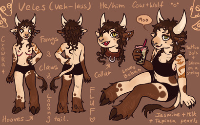 alternative_fashion animal_noises anthro arm_tattoo asymmetrical_coloring beverage black_clothing black_underwear bottomwear bovine_ears bra brown_background brown_body brown_fur brown_hair brown_tail bubble_tea chest_scar clawed_hands claws clothed clothing collar crop_top dialogue dorsal_ridge ear_piercing eyeshadow facial_piercing fangs fluffy_ears fluffy_feet fluffy_legs fully_clothed fur goth green_eyes hair holding_beverage holding_object hooves horn hotpants long_hair long_tail makeup male markings mastectomy_scar messy_hair moo mooing mullet multicolored_body multicolored_fur multiple_poses navel nipples nose_piercing partially_clothed piercing pose scar sharp_teeth shirt shorts shorts_only shoulder_blades simple_background sitting sitting_on_ground smile solo sound_effects speech_bubble sports_bra spots spotted_body spotted_fur standing tail tan_body tan_fur tan_tail tattoo teeth text topless topless_male topwear underwear underwear_only batpupbourbon veles_(batpupbourbon) bovid bovine canid canine canis cattle hybrid mammal wolf 16:10 2025 digital_media_(artwork) english_text hi_res model_sheet widescreen trans_(lore) trans_man_(lore)