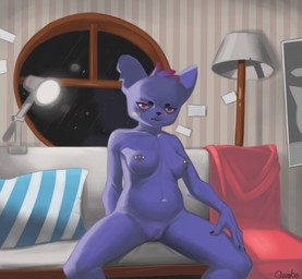 anthro areola band-aid band-aid_on_face bandage bandage_on_face black_nails black_nose breasts colored_nails detailed_background eyelashes female front_view fur furniture genitals head_tuft lamp looking_at_viewer nails navel nipple_piercing nipples notched_ear nude open_mouth piercing pink_eyes purple_body purple_fur sitting sofa solo spread_legs spreading thick_thighs tuft vulva wide_hips window qunke night_in_the_woods mae_borowski domestic_cat felid feline felis mammal hi_res