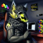 anthro black_body black_fur chest_tuft computer controller electronics fur game_controller gaming glowing looking_at_viewer machine male monitor screen screen_face sitting smile solo tuft daniel_neris nvidia powersurge_(character) mammal protogen 1:1 absurd_res digital_media_(artwork) hi_res