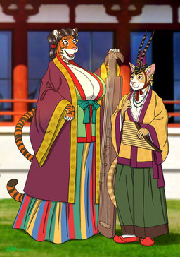 5_fingers anthro big_breasts black_hair breasts cleavage clothed clothing duo ear_piercing ear_ring female fingers fur hair hat headgear headwear huge_breasts humanoid_hands korean male multicolored_body multicolored_fur musical_instrument open_mouth open_smile orange_body orange_fur pan_flute piercing pink_nose plucked_string_instrument ring_piercing smile standing string_instrument striped_body striped_fur stripes tan_body tan_fur teeth tongue two_tone_body two_tone_fur white_body white_fur wind_instrument woodwind_instrument zither_(musical_instrument) ohs688 domestic_cat felid feline felis mammal pantherine tiger 2023 absurd_res hi_res signature