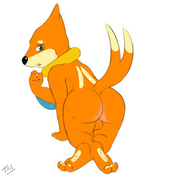 all_fours anthro anthrofied backsack balls barefoot biped blush butt crossed_legs feet genitals looking_at_viewer looking_back male nude open_mouth raised_tail rear_view solo tail seyrmo nintendo pokemon buizel generation_4_pokemon mammal mustelid pokemon_(species) signature source_request