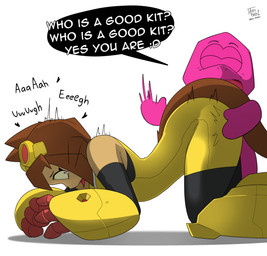 anthro biped brown_hair butt butt_slap clothing dialogue duo female good_girl hair pupils slap speech_bubble text tongue tongue_out yellow_clothing arzy_parzy gameoverse glitch_productions gobbles_(gameoverse) kit_bodega dinosaur domestic_cat felid feline felis mammal prehistoric_species reptile scalie hi_res