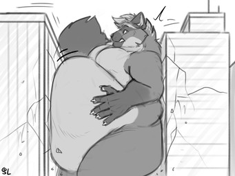 anthro bared_teeth belly big_belly cheek_tuft city_destruction claws destruction facial_tuft finger_claws glistening glistening_eyes hair hand_on_belly huge_belly looking_at_viewer macro male moobs motion_lines neck_tuft nude overweight overweight_anthro overweight_male short_hair side_view solo standing teeth tuft solaxe_(artist) sunset_(roosky) canid canine mammal 4:3 hi_res monochrome