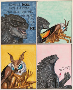 blue_eyes duo female gesture heart_symbol humor looking_back male no_pupils text waving kaiju-krew godzilla_(series) monsterverse mothra_(series) toho godzilla mothra arthropod insect kaiju lepidopteran monster moth comic english_text hi_res