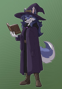 anthro belt boots brown_eyes clothing dipstick_ears ear_markings eyelashes female footwear gem hair hat headgear headwear hood long_hair looking_at_viewer multicolored_ears robe shoes smug solo witch_hat conditional_dnp yakukitsu yukabelle_lupinas_(yakukitsu) canid canine canis mammal wolf gynomorph_(lore)
