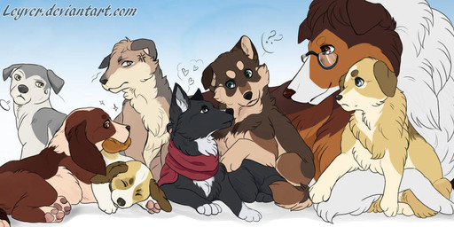 ambiguous_gender black_body black_fur blue_eyes brown_body brown_eyes brown_fur cuddling eyes_closed feral feralized floppy_ears fluffy fur gradient_background grey_body grey_eyes grey_fur group multicolored_body multicolored_fur orange_body orange_fur pawpads pink_pawpads quadruped red_scarf scarf simple_background tan_body tan_fur teal_eyes white_body white_fur yellow_body yellow_eyes yellow_fur young lewkat attack_on_titan armin_arlert connie_springer eren_jaeger hange_zoe historia_reiss jean_kirstein mikasa_ackerman sasha_braus canid canine canis domestic_dog mammal 2014 female_(lore) male_(lore) nonbinary_(lore)