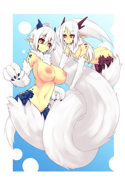 4_fingers amber_eyes apode areola big_breasts big_hands black_sclera blue_body blue_scales border breasts chest_tuft claws duo entwined_tails female fingers flat_chested fur hair horn humanoid_pointy_ears legless long_hair long_tail looking_at_viewer mane monster_girl_(genre) navel nipples nude pointy_ears red_body red_scales scales serpentine small_breasts smile split_form tail tail_coil tail_grab tuft white_body white_border white_fur white_hair sub-res shenti draconcopode furred_scalie furred_snake humanoid hybrid lamia reptile scalie snake 2016 absurd_res hi_res