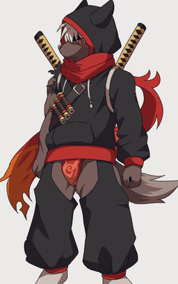 anthro asian_clothing bottomwear clothing crotchless_bottomwear crotchless_clothing crotchless_pants east_asian_clothing fundoshi hoodie japanese_clothing male melee_weapon open_crotch pants red_clothing red_fundoshi red_underwear scarf scroll solo sword topwear underwear weapon ponzu_tas lifewonders tokyo_afterschool_summoners tadatomo_(tas) canid canine canis domestic_dog mammal 2021