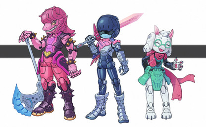 2_horns ambiguous_gender anthro armor axe boots clothing delta_rune_(emblem) floppy_ears footwear group holding_melee_weapon holding_object holding_sword holding_weapon horn machine mechanical_hair melee_weapon pseudo_hair shoes standing sword symbol teeth trio weapon lordyanyu deltarune undertale undertale_(series) kris_(deltarune) ralsei susie_(deltarune) humanoid robot robot_anthro robot_humanoid hi_res