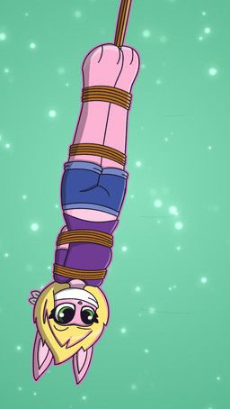 anthro bdsm blonde_hair bondage bound female fur gag gagged green_eyes hair pink_body pink_fur restraints rope rope_bondage solo suspended_by_leg suspension upside_down anonymous_artist milky_rivas lagomorph leporid mammal rabbit absurd_res hi_res