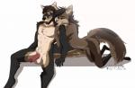 2018 absurd_res anthro anthro_on_anthro balls beard bodily_fluids canid canine canis chewy_(chewythewolf) chewythewolf duo erection facial_hair female genital_fluids genitals hi_res humanoid_genitalia humanoid_penis hybrid male male/female mammal maned_wolf nude penis piercing precum psalm wolf wolfpsalm