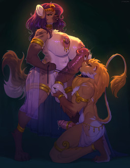 accessory animal_genitalia animal_penis anthro ball_fondling balls big_balls big_breasts blonde_hair bodily_fluids breasts brown_body brown_fur cock_ring collar dominant dominant_gynomorph dominant_intersex duo equine_genitalia equine_penis erection fondling fur genital_fluids genitals gold_(metal) gold_jewelry gynomorph gynomorph/male hair huge_balls huge_breasts humanoid_genitalia humanoid_penis intersex intersex/male interspecies jewelry kneeling leash leash_pull leashed_collar legband licking male mane mismatched_animal_penis mismatched_genitalia mismatched_penis mostly_nude nipple_piercing nipples oral penile penis penis_accessory penis_jewelry penis_lick piercing precum purple_eyes purple_hair sex tail tail_tuft thick_penis thick_thighs tongue tuft uraeus vein veiny_penis littleclown felid hyena lion mammal pantherine spotted_hyena hi_res