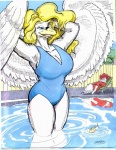 1997 anatid anseriform anserinae anthro avian big_breasts bird blonde_hair blue_clothing blue_eyes blue_swimwear breasts canid canine chair clothing colored duo feathered_wings feathers female fence fox furniture hair long_hair lounge_chair mammal non-mammal_breasts one-piece_swimsuit oscar_marcus pinup pose red_fox reflection solo_focus spread_wings swan swimming_pool swimwear true_fox water white_body white_feathers wings